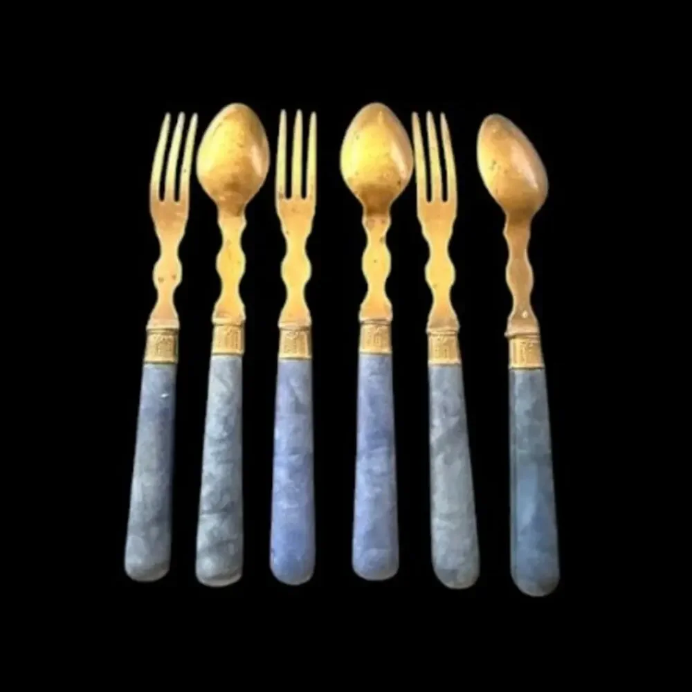 Vintage French Dessert Flatware Set Blue Marbled Handles Set of 6